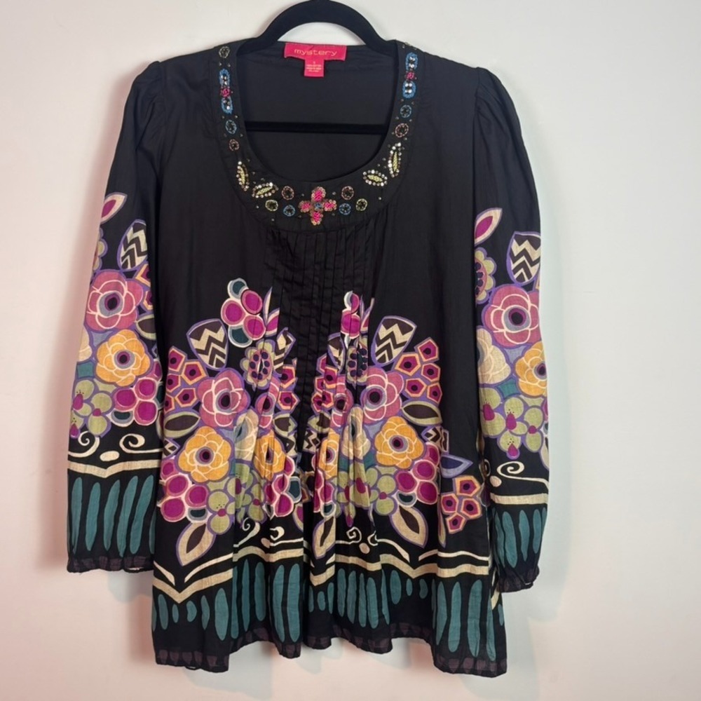 mystery womens floral beaded embroidered boho 3/4 sleeve lined blouse sz small